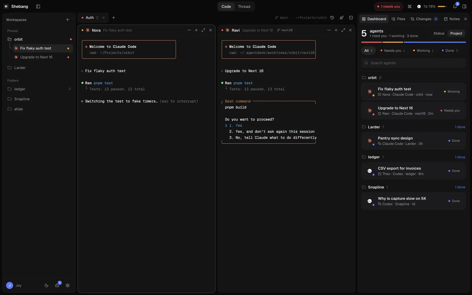 Shebang with two Claude Code agents in split panes, Ravi asking to run pnpm build, and the dashboard listing five agents across projects.